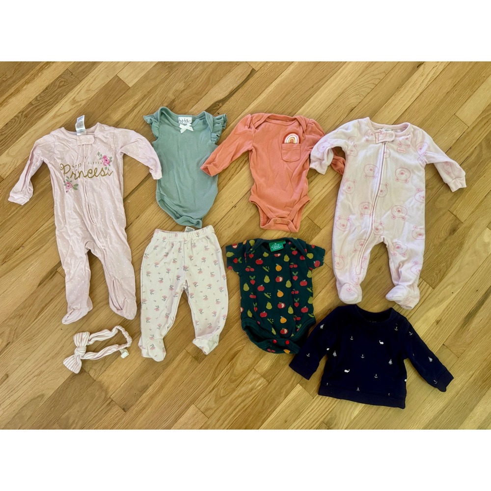 8pc Baby Girl Clothes Bundle 3-6 Months Fall Sleepers Bodysuits Pants Headband